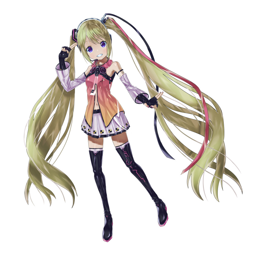 1girl absurdres blonde_hair detached_sleeves freely_tomorrow_(vocaloid) full_body happy hatsune_miku highres long_hair looking_at_viewer masatakaman55go nail_polish navel project_diva_(series) project_diva_f skirt smile solo star_voice_(module) twintails very_long_hair violet_eyes vocaloid white_skirt