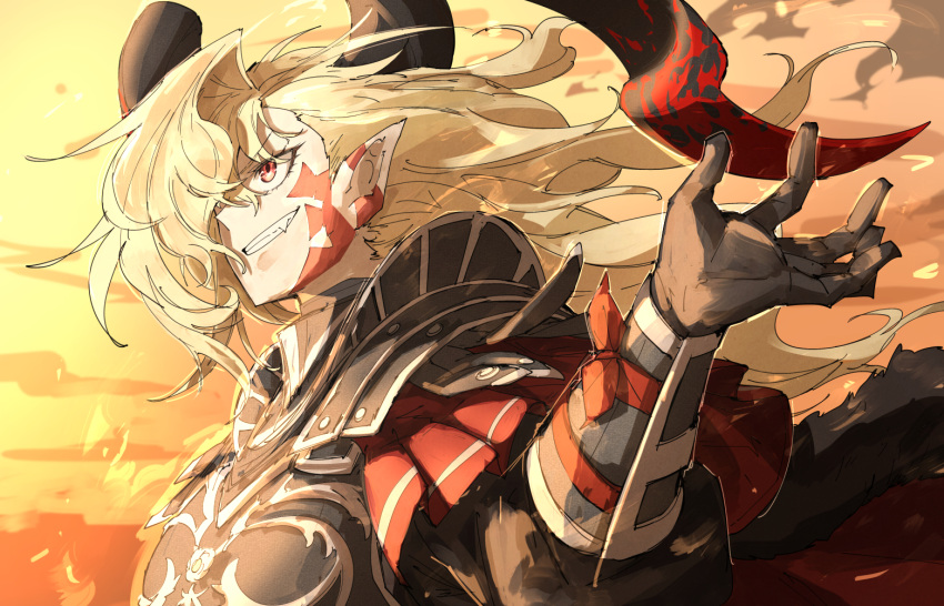 1girl armor blonde_hair cape facial_mark fang fate/grand_order fate_(series) gloves grin hair_over_one_eye horns kankan33333 nero_claudius_(fate) pauldrons pointy_ears queen_draco_(fate) red_eyes shoulder_armor smile solo vambraces wind