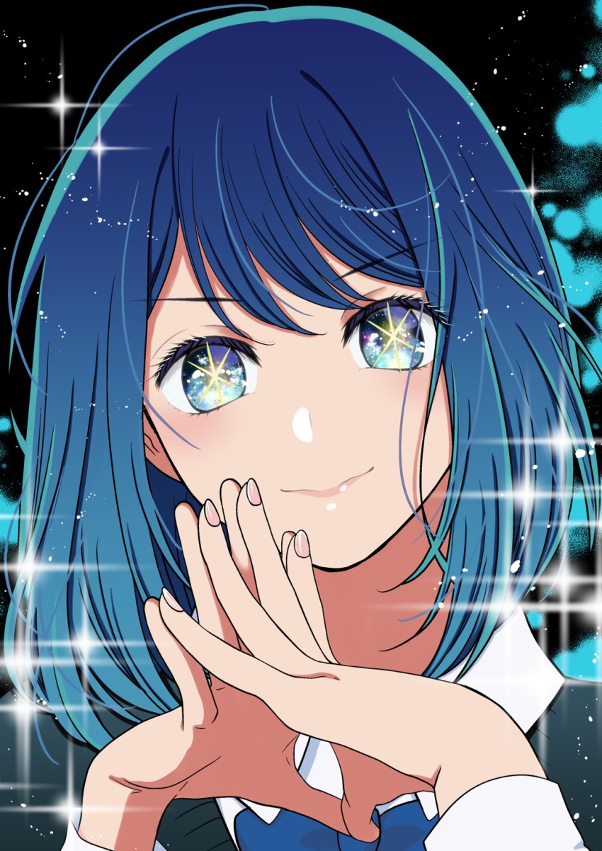 1girl black_background black_sweater_vest blue_bow blue_bowtie blue_eyes blue_hair bow bowtie closed_mouth commentary_request galaxy_blue gradient_hair highres kurokawa_akane light_blue_hair light_particles looking_at_viewer medium_hair multicolored_hair necktie oshi_no_ko smile solo sparkle star-shaped_pupils star_(symbol) steepled_fingers sweater_vest swept_bangs symbol-shaped_pupils upper_body variant_set