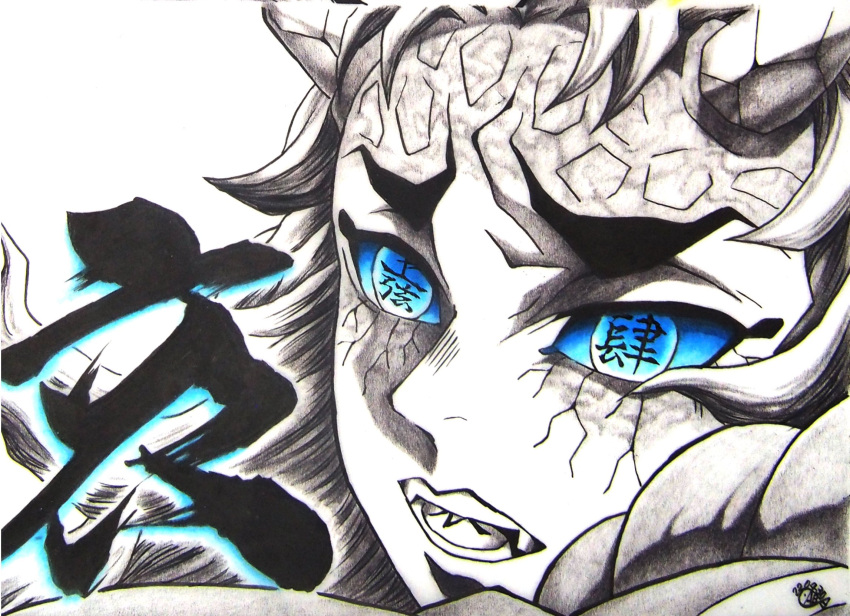 1boy blue_eyes blue_sclera blue_theme body_writing colored_sclera cracked_skin demon_boy demon_horns furrowed_brow highres hitomisaba horns kimetsu_no_yaiba male_focus monochrome open_mouth photo_(medium) portrait sad simple_background solo spot_color text_in_eyes tongue traditional_media urogi_(kimetsu_no_yaiba)