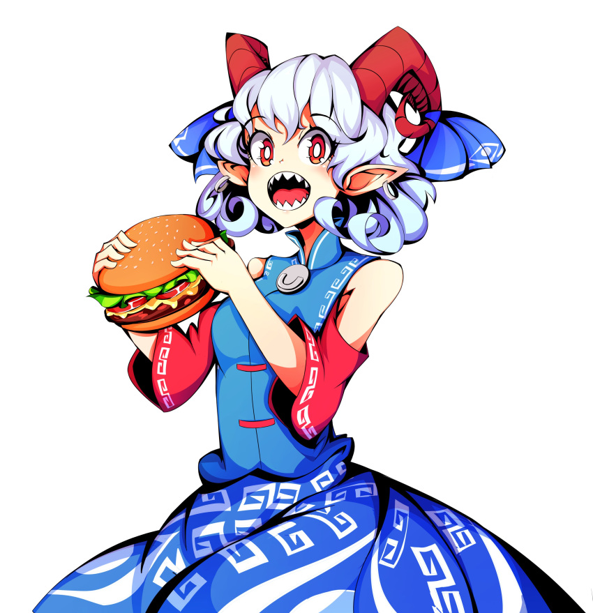 absurdres blue_dress blue_skirt blue_vest curly_hair detached_sleeves dress earrings highres horn_ornament horn_ribbon horns jewelry meandros patterned_clothing pointy_ears red_eyes red_horns red_sleeves ribbon rsutibu sharp_teeth sheep_horns skirt teeth touhou toutetsu_yuuma vest white_hair