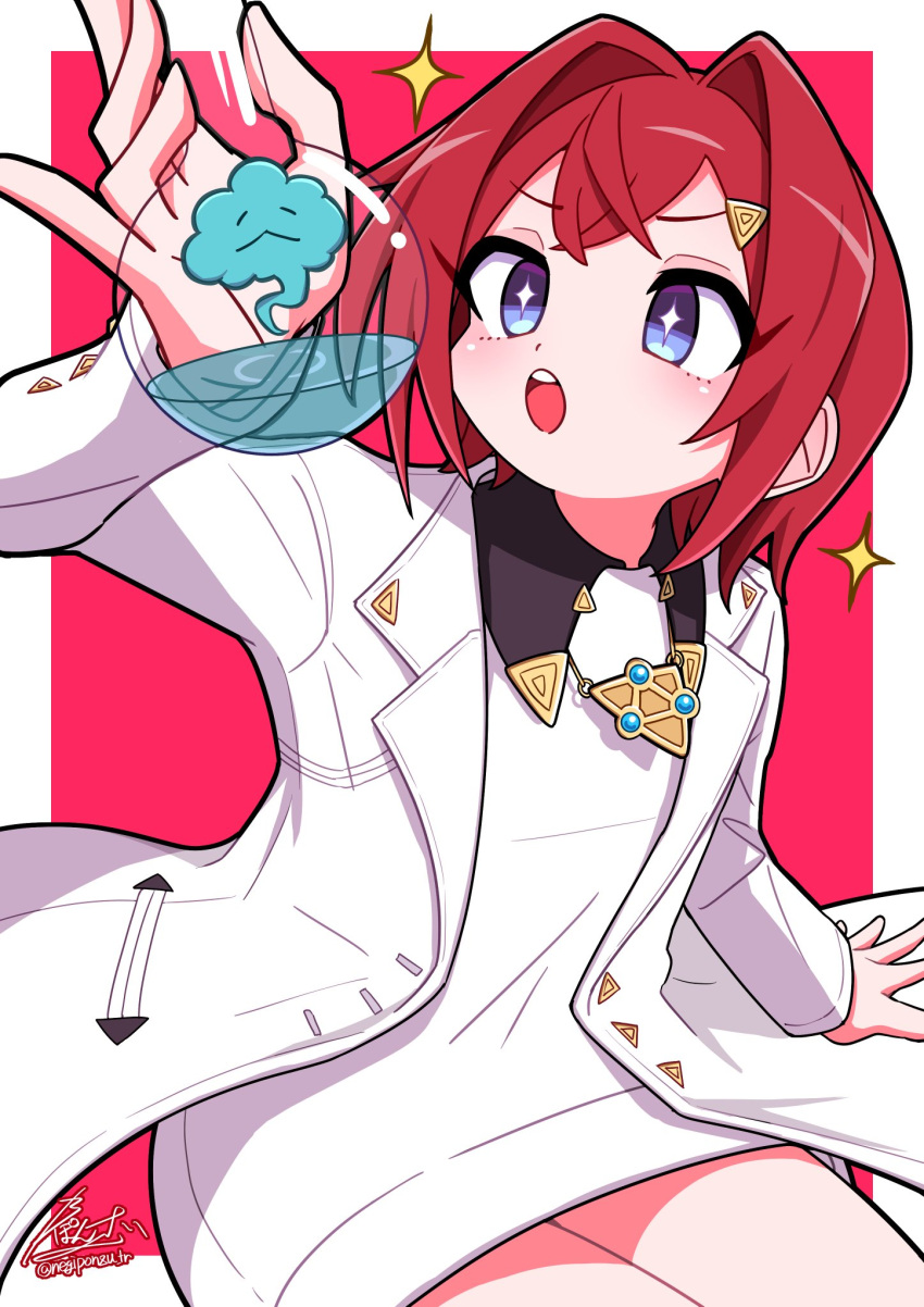 1girl ange_katrina blue_eyes detached_collar dress flask hair_intakes highres jewelry lab_coat looking_at_object necklace negiponzu nijisanji open_mouth redhead round-bottom_flask short_hair sparkle star-shaped_pupils star_(symbol) symbol-shaped_pupils thighs triangle_hair_ornament virtual_youtuber white_dress