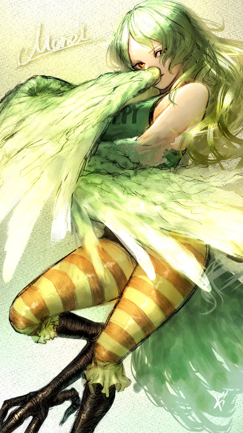 1girl absurdres bird_legs breasts character_name clothes_writing doya_(doya_oekaki) feathered_wings feathers full_body green_feathers green_hair green_tank_top green_wings harpy highres light_smile long_hair looking_at_viewer medium_breasts monet_(one_piece) monster_girl one_piece pantyhose print_tank_top solo striped striped_pantyhose tail_feathers tank_top very_long_hair winged_arms wings yellow_eyes