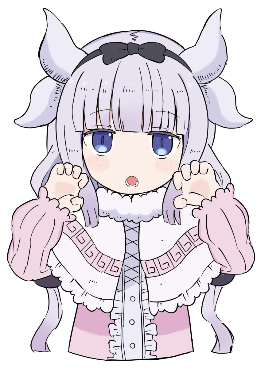 1girl :o beads black_bow black_hairband blue_eyes blunt_bangs blush_stickers bow capelet claw_pose cropped_torso dragon_girl dragon_horns dress frilled_capelet frills gradient_hair hair_beads hair_bow hair_ornament hairband highres horns kanna_kamui kobayashi-san_chi_no_maidragon light_purple_hair long_hair long_sleeves looking_at_viewer low_twintails lower_teeth_only multicolored_hair pink_dress simple_background solo straight-on teeth twintails upper_body white_background yoyohachi