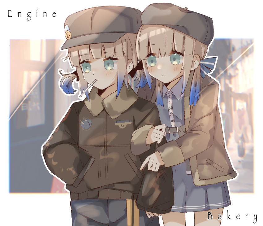 2girls alternate_costume arm_hug baker_nemo_(fate) belt beret blonde_hair blue_bow blue_dress blue_eyes blue_pants blush bomber_jacket bow brown_headwear brown_jacket cabbie_hat candy collar dress engineer_nemo_(fate) english_text fate/grand_order fate_(series) food freedumco hair_bow hand_in_pocket hat highres holding_another's_arm jacket lollipop multiple_girls nemo_(fate) pants short_hair suspenders_hanging very_long_sleeves white_collar