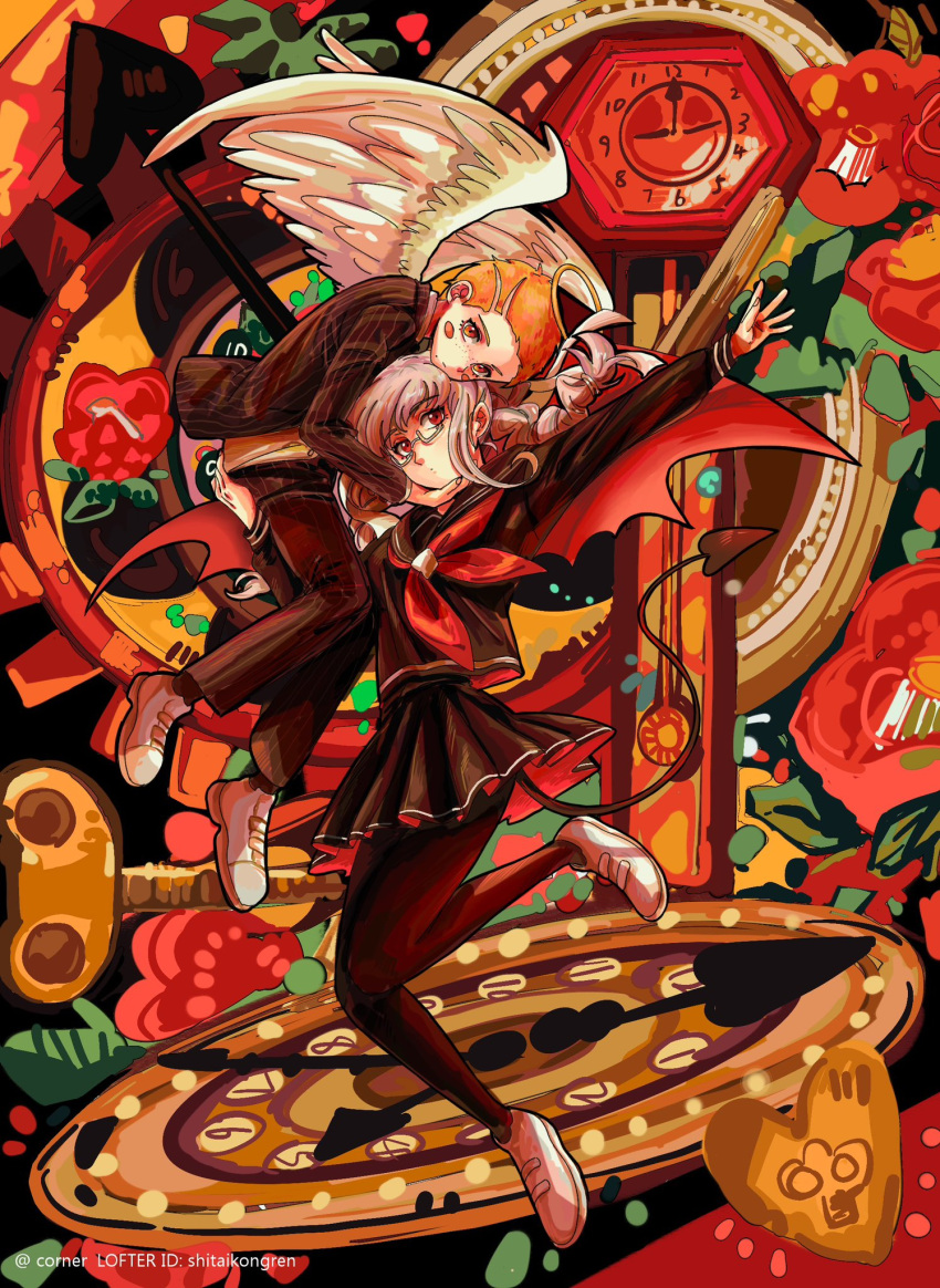 1boy 1girl angel_and_devil blonde_hair blush_stickers braid brown_jacket brown_pantyhose brown_shirt clock corner_(corner29452966) danganronpa_(series) danganronpa_2:_goodbye_despair demon_tail glasses grey_hair head_hug heart highres hug jacket kuzuryu_fuyuhiko long_hair long_sleeves looking_at_viewer miniskirt neckerchief necktie pants pantyhose pekoyama_peko red_neckerchief red_wings semi-rimless_eyewear shirt shoes short_hair skirt striped striped_jacket striped_pants tail twin_braids two-sided_fabric two-sided_skirt wings