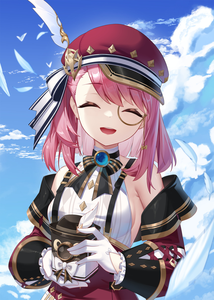 1girl bare_shoulders black_bow black_bowtie blue_sky bow bowtie brooch cabbie_hat camera charlotte_(genshin_impact) closed_eyes clouds commentary_request cross-laced_clothes cross-laced_sleeves detached_sleeves falling_feathers frilled_sleeves frills genshin_impact gloves hat hat_feather hat_ribbon highres holding holding_camera jewelry lace-up_sleeves medium_hair monocle open_mouth pai_daxing pink_hair red_headwear red_skirt red_sleeves ribbon shirt skirt sky sleeveless sleeveless_shirt smile solo suspender_skirt suspenders upper_body white_gloves white_ribbon white_shirt