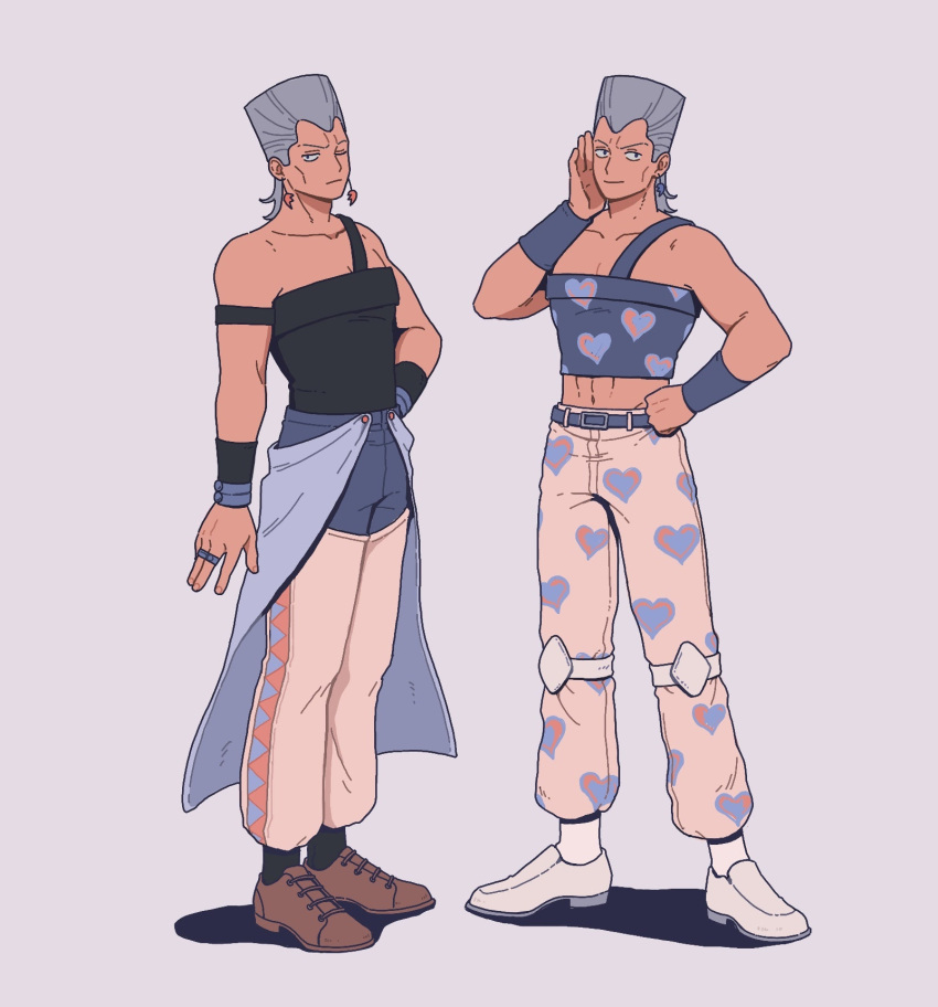 1boy 23011620x abs broken_heart earrings flattop full_body grey_hair hand_on_own_hip heart heart_print highres jean_pierre_polnareff jewelry jojo_no_kimyou_na_bouken midriff multiple_views one_eye_closed pants sleeveless standing stardust_crusaders tall_hair triangle_print