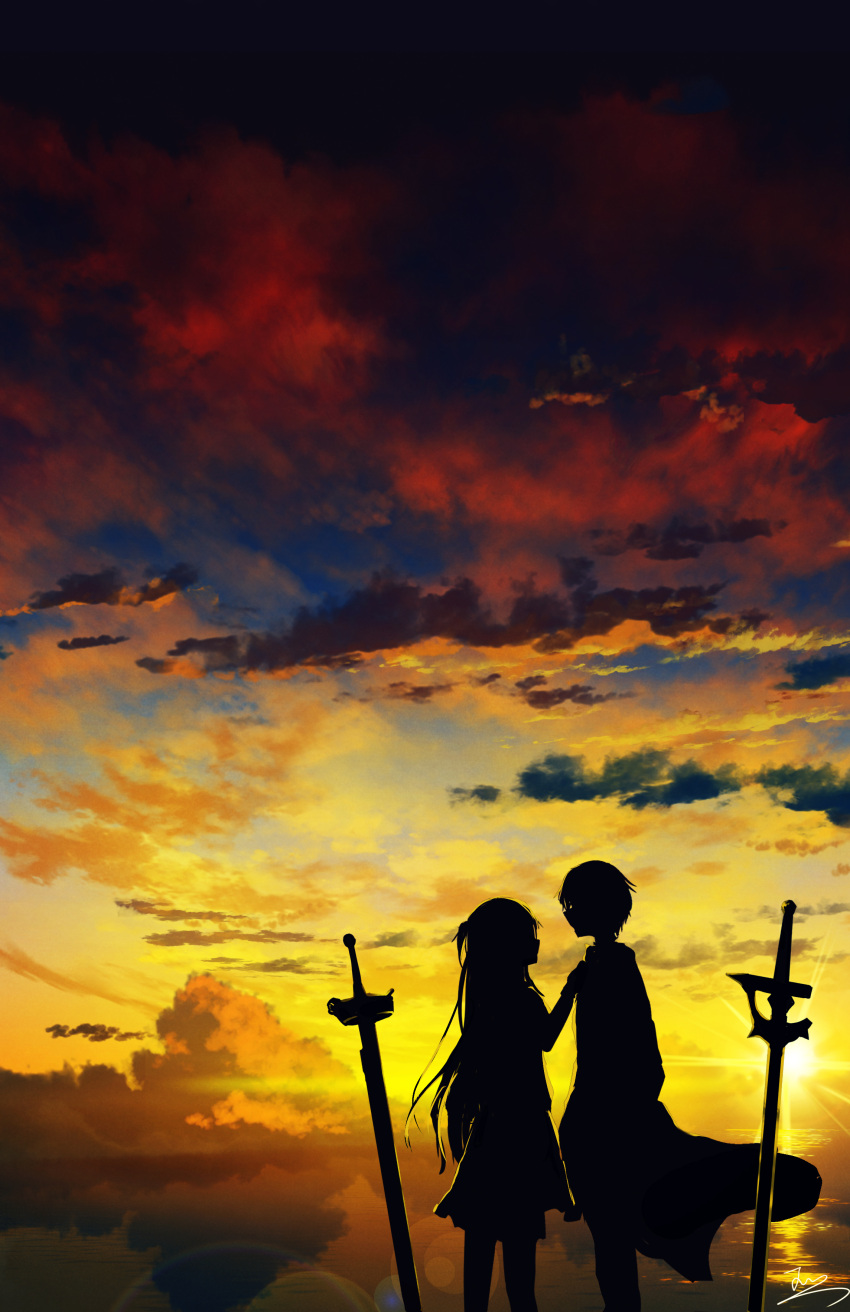 1boy 1girl absurdres asuna_(sao) clouds dress from_side hand_up highres jacket kirito long_hair looking_at_another planted planted_sword scenery short_hair skyrick9413 sunset sword sword_art_online weapon