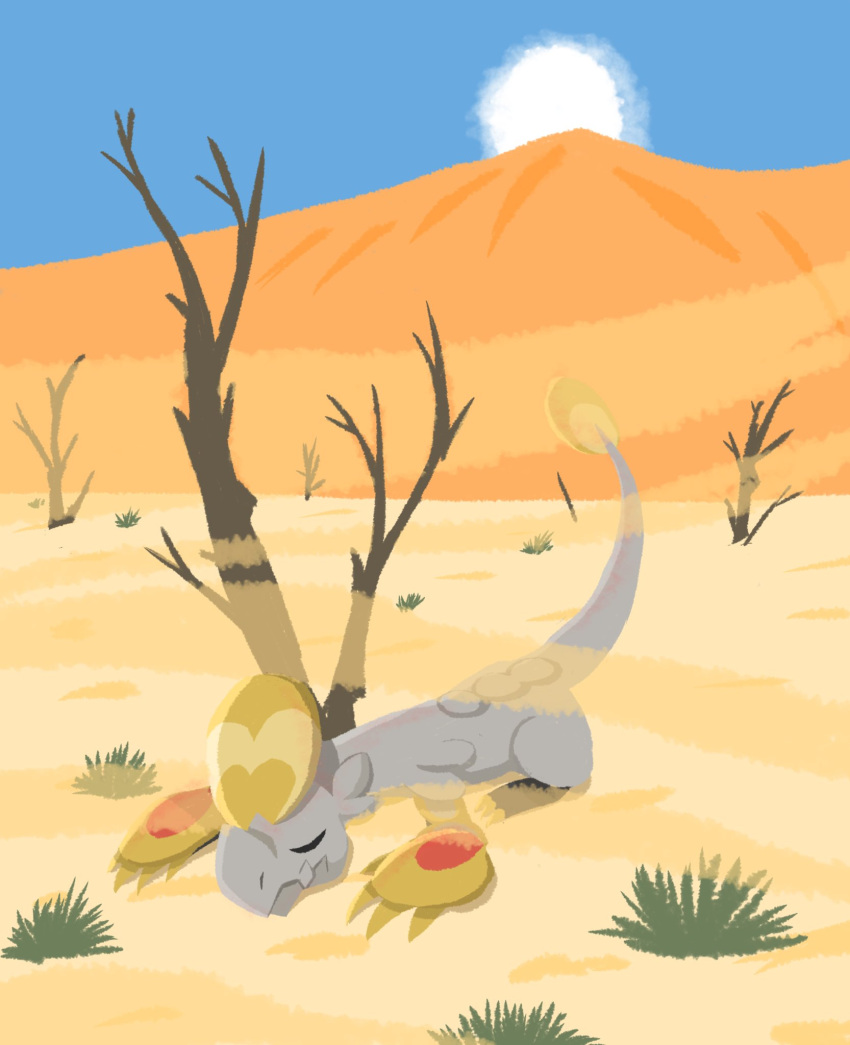 bare_tree claws closed_eyes closed_mouth commentary_request day desert hakamo-o highres lying no_humans on_stomach outdoors pokemon pokemon_(creature) sand sky sleeping solo sun tomozo_(muginosukejr) tree