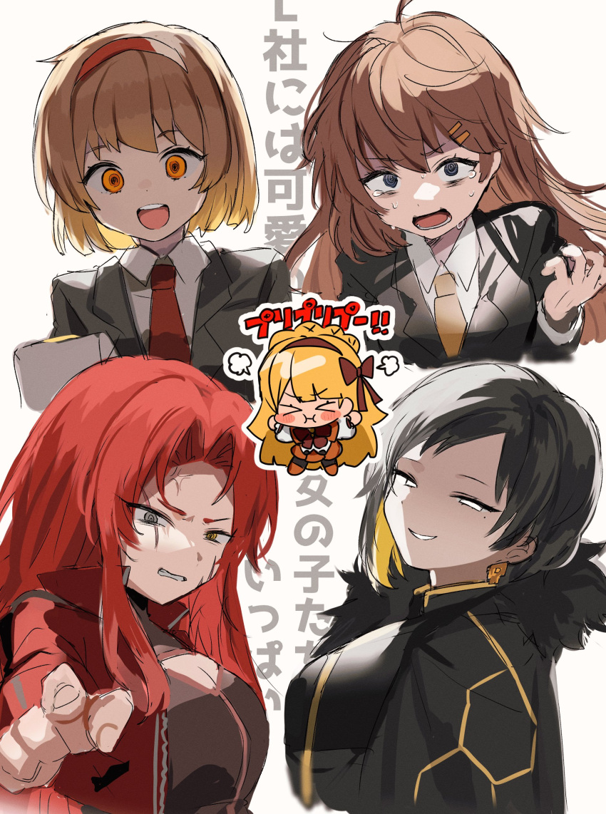 &gt;_&lt; 5girls absurdres binah_(project_moon) black_cape black_dress black_jacket blonde_hair bow bowtie brown_bow brown_bowtie brown_eyes brown_hair brown_hairband brown_necktie cape commentary crying dress earrings gebura_(project_moon) grey_eyes grin hair_bow hairband heterochromia highres hod_(project_moon) inudogsaikou jacket jewelry lobotomy_corporation long_hair long_sleeves malkuth_(project_moon) medium_hair multiple_girls necktie open_mouth pointy_ears pout project_moon red_hairband red_necktie redhead smile tiphereth_a_(project_moon) upper_body very_long_hair white_eyes