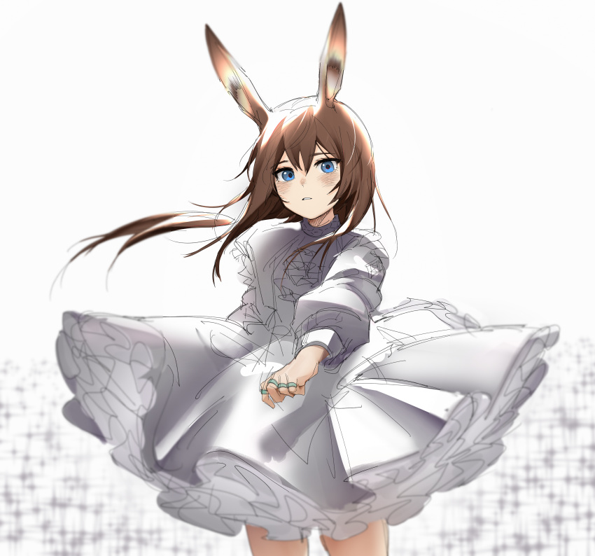 1girl absurdres amiya_(arknights) animal_ear_fluff animal_ears arknights blue_eyes blush brown_hair commentary_request dress floating_hair grey_background hair_between_eyes highres jewelry long_hair long_sleeves looking_at_viewer outstretched_arm parted_lips pleated_dress puffy_long_sleeves puffy_sleeves rabbit_ears ring sidelocks simple_background sketch soda_(sod4) solo sparkle very_long_hair