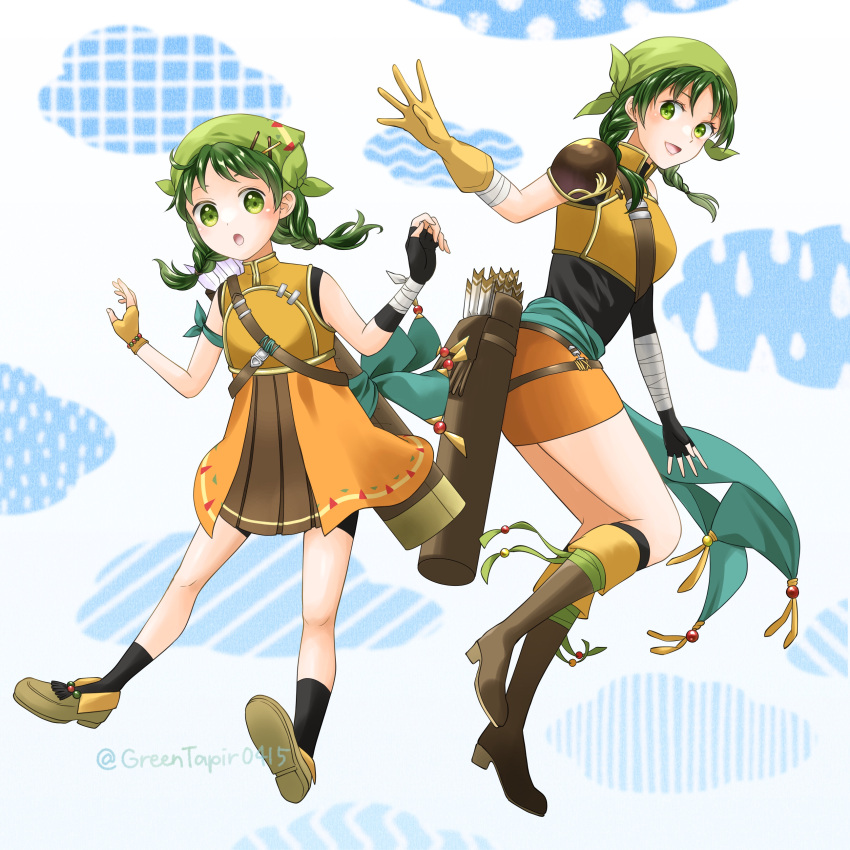 2girls :d :o absurdres aged_down arrow_(projectile) asymmetrical_gloves bandana black_shirt black_socks boots braid clouds dual_persona female_child fingerless_gloves fire_emblem fire_emblem:_the_blazing_blade fire_emblem_heroes gloves green_eyes green_hair highres looking_back medium_hair midori_no_baku multiple_girls official_alternate_costume open_mouth quiver rebecca_(fire_emblem) shirt shoes sleeveless smile socks twin_braids twintails twitter_username white_background yellow_gloves