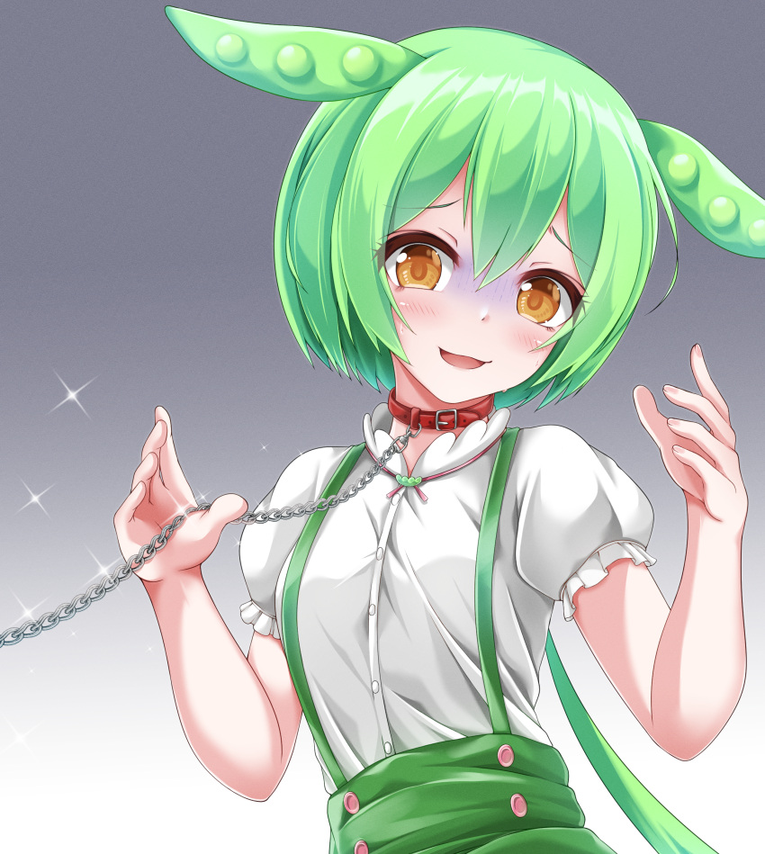 1girl absurdres blush breasts buttons chain commentary_request cowboy_shot frilled_sleeves frills gloom_(expression) gradient_background green_hair green_shorts green_suspenders grey_background hair_between_eyes highres leash long_hair looking_at_viewer medium_bangs muki_(munikichan) open_mouth pea_pod personification puffy_short_sleeves puffy_sleeves shirt shirt_tucked_in short_sleeves shorts small_breasts smile solo suspender_shorts suspenders voicevox white_shirt yellow_eyes zundamon