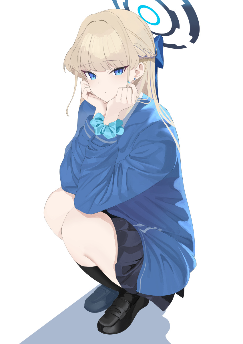 1girl absurdres aqua_nails black_footwear blonde_hair blue_archive blue_scrunchie blue_shirt closed_mouth full_body halo highres long_hair long_sleeves looking_at_viewer nail_polish scrunchie shirt simple_background solo squatting tnr_(horiko1525) toki_(blue_archive) white_background wrist_scrunchie