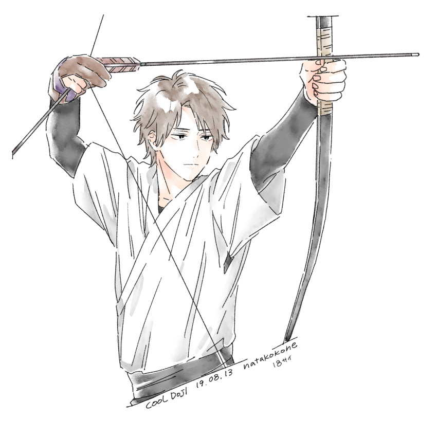 1boy absurdres archery arrow_(projectile) artist_name bow_(weapon) brown_gloves brown_hair closed_mouth commentary_request cool_doji_danshi dated fingernails gloves highres holding holding_arrow holding_bow_(weapon) holding_weapon layered_sleeves long_sleeves male_focus mima_takayuki nata_kokone short_hair short_over_long_sleeves short_sleeves simple_background solo upper_body weapon white_background