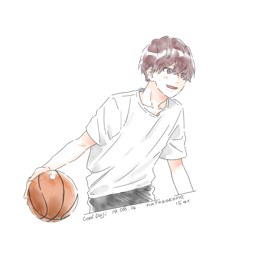 1boy absurdres artist_name ball basketball_(object) blush commentary_request cool_doji_danshi dated highres holding holding_ball male_focus nata_kokone open_mouth red_eyes redhead shiki_souma shirt short_hair simple_background solo white_background white_shirt