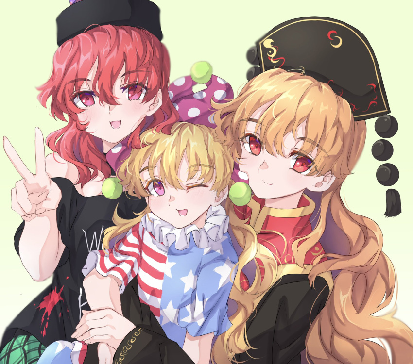 3girls american_flag_dress american_flag_legwear black_shirt blonde_hair chinese_clothes clownpiece commentary crescent_print hands_on_another's_arms hat hecatia_lapislazuli highres hug jester_cap junko_(touhou) leggings long_hair multiple_girls neck_ruff neold off-shoulder_shirt off_shoulder one_eye_closed open_mouth orange_hair phoenix_crown pink_eyes plaid plaid_skirt polka_dot_headwear polos_crown red_eyes redhead shirt skirt smile t-shirt tabard touhou v very_long_hair