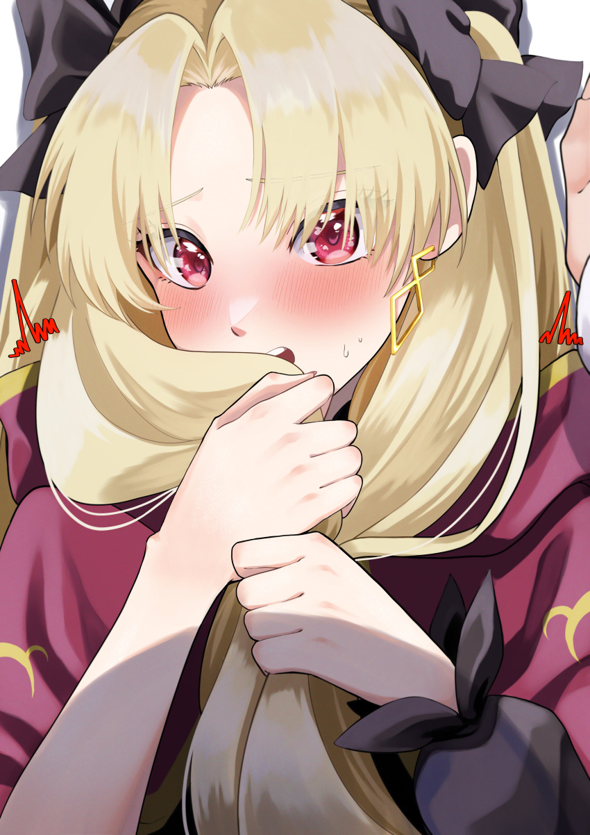 1boy 1girl absurdres black_ribbon blonde_hair blush cape check_commentary commentary commentary_request covering_mouth earrings ereshkigal_(fate) fate/grand_order fate_(series) fujimaru_ritsuka_(male) fuku_dan hair_ribbon highres holding holding_hair jewelry looking_at_viewer looking_away parted_bangs pov red_cape red_eyes ribbon shadow simple_background single_sleeve surprised sweatdrop white_background