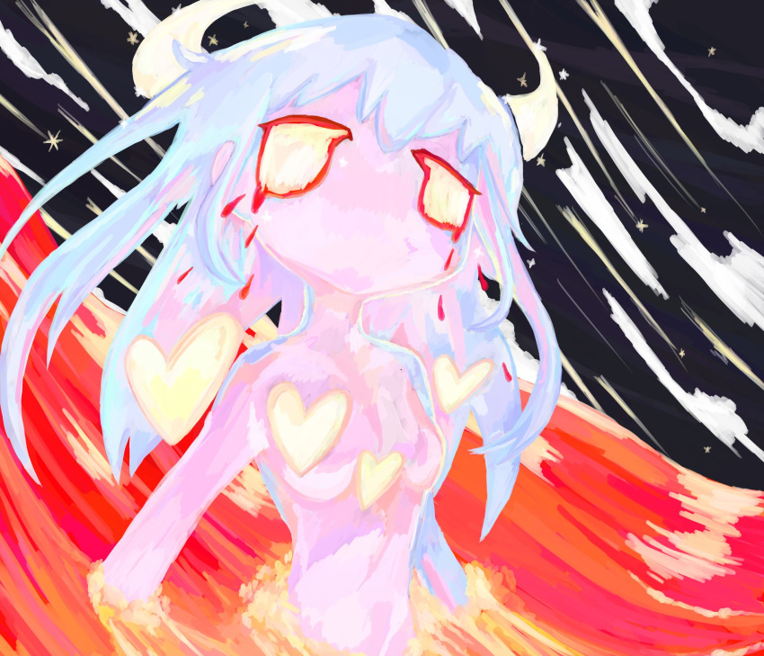 1girl 404scum abstract ambiguous_red_liquid blue_hair colored_sclera colored_skin completely_nude crying demon_horns facing_viewer heart highres horns light_blue_hair long_hair no_mouth no_nose no_pupils nude original partially_submerged pink_skin sidelocks star_(symbol) surreal upper_body white_horns yellow_eyes yellow_sclera