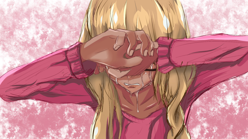 1girl blonde_hair braid covering_face covering_own_eyes crimalbitic crying dark_skin emergence_(shindol) glasses hand_on_own_face highres long_hair long_sleeves pink_shirt shirt solo tears twin_braids twintails upper_body yoshida_saki