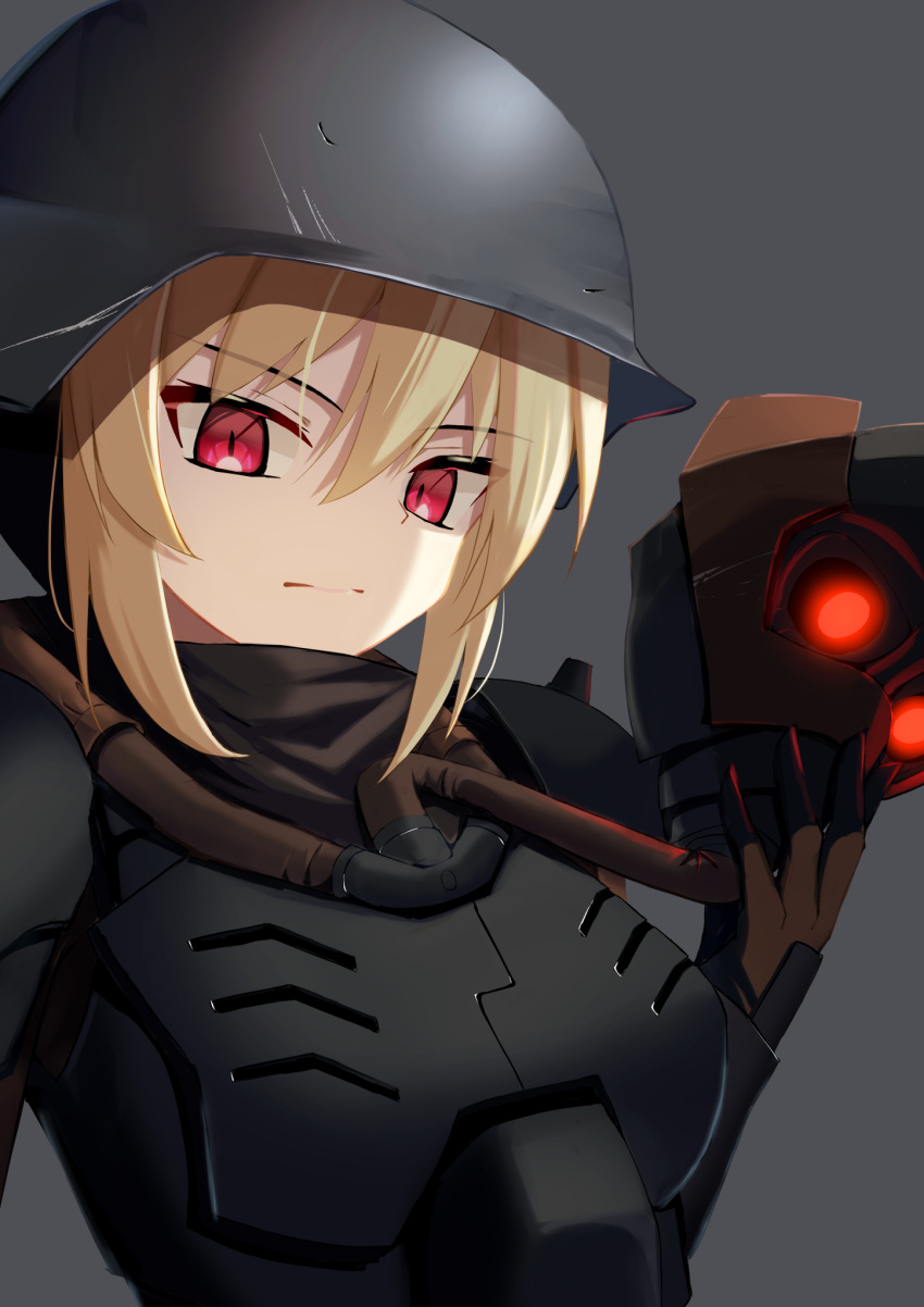 1girl armor blonde_hair brown_gloves expressionless gas_mask gloves grey_background helmet highres holding holding_mask jin_roh jiseki_rena mask military military_helmet original power power_armor protect-gear_(jin_roh) red_eyes simple_background stahlhelm tube