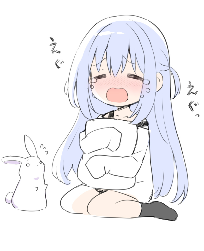 1girl =_= absurdres animal_ears black_socks blue_hair blush chibi closed_eyes commentary_request crying double-parted_bangs flying_sweatdrops hair_between_eyes highres long_hair no_shoes nose_blush object_hug off_shoulder open_mouth original pillow pillow_hug rabbit_ears sad simple_background sitting sleeves_past_fingers sleeves_past_wrists socks solo tears two_side_up utsunomiya_tsumire very_long_hair wariza wavy_mouth white_background yuki_(utsumire)