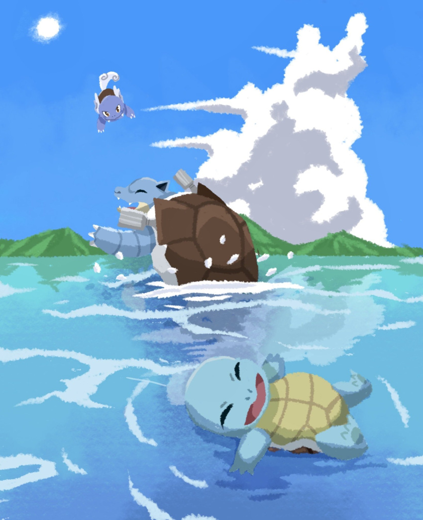 :d afloat blastoise closed_eyes clouds commentary_request day diving evolutionary_line highres lying no_humans on_back open_mouth outdoors pokemon pokemon_(creature) sky smile squirtle sun tomozo_(muginosukejr) wartortle water