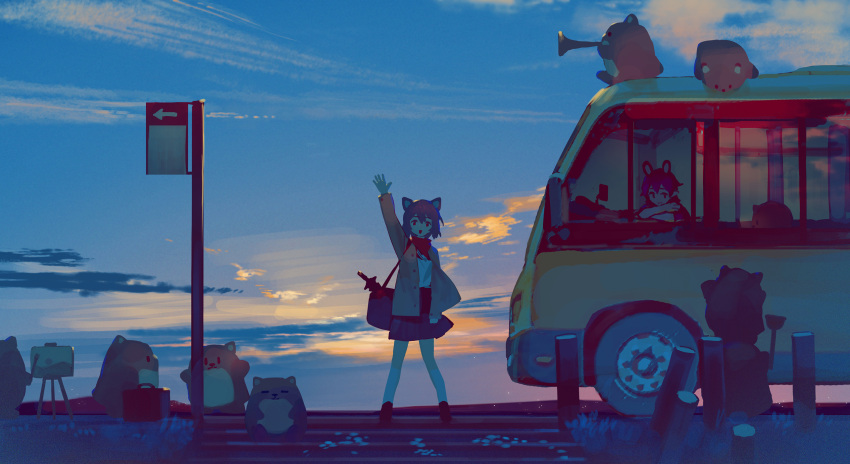 2girls :d animal animal_ears arm_up black_footwear black_skirt blue_sky brown_hair brown_jacket bus bus_stop bus_stop_sign character_request check_character clouds hair_between_eyes highres holding holding_instrument instrument jacket kneehighs motor_vehicle mr.quin multiple_girls neee-t open_clothes open_jacket original outdoors pleated_skirt plunger red_eyes shirt short_hair skirt sky smile socks trumpet white_shirt white_socks