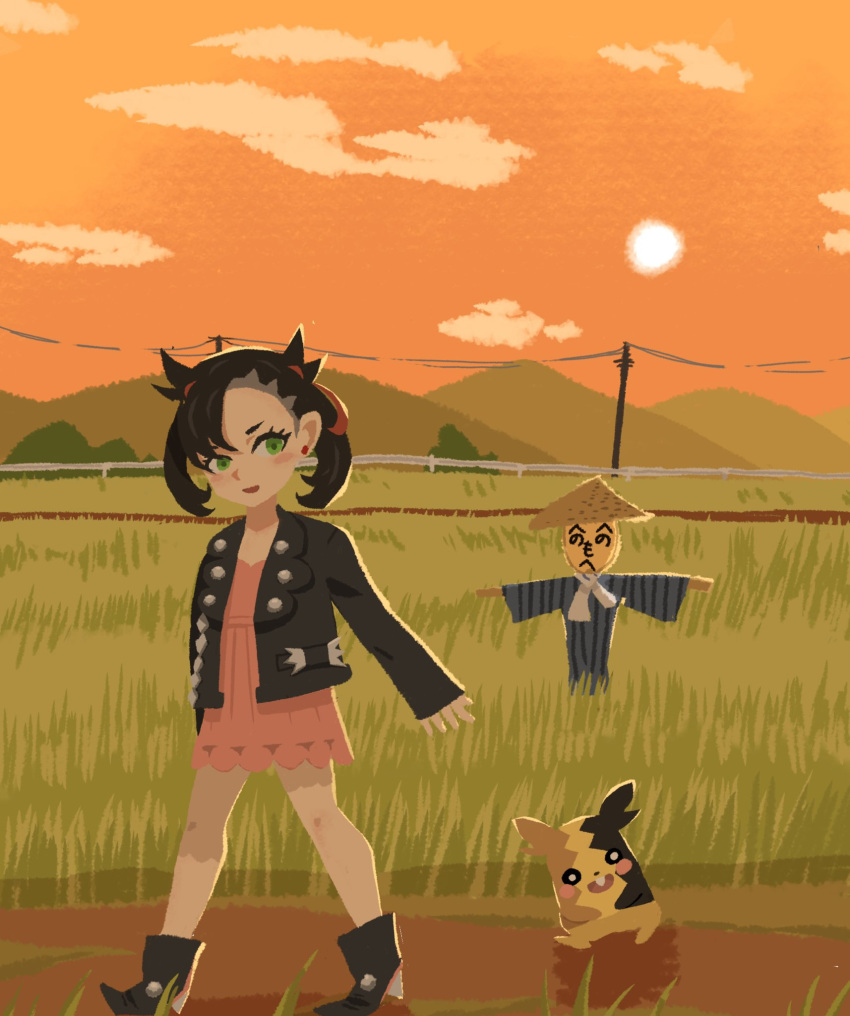 1girl ankle_boots asymmetrical_bangs black_footwear black_hair black_jacket blush boots clouds commentary_request dress earrings from_side grass green_eyes hair_ribbon highres jacket jewelry marnie_(pokemon) morpeko morpeko_(full) open_clothes open_jacket open_mouth outdoors pink_dress pokemon pokemon_(creature) pokemon_(game) pokemon_swsh red_ribbon ribbon scarecrow sky smile standing sun tomozo_(muginosukejr) twilight walking