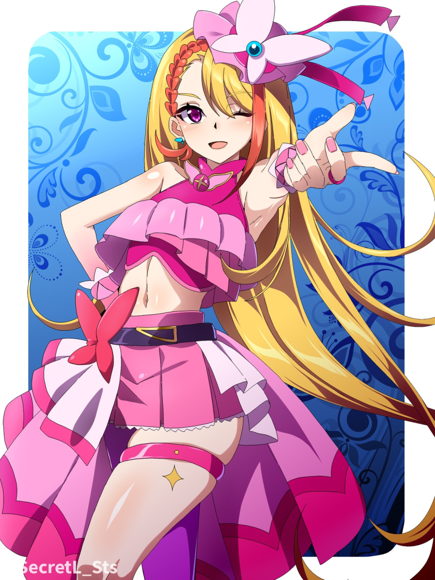 1girl bare_shoulders belt_bow blonde_hair blue_background brooch butterfly_earrings cure_butterfly earrings gloves hat highres hijiri_ageha hirogaru_sky!_precure jewelry long_hair magical_girl midriff mini_hat mini_top_hat one_eye_closed pink_headwear pink_skirt precure sebunsu single_leg_pantyhose skirt smile solo top_hat twitter_username very_long_hair violet_eyes white_background wing_brooch wing_hair_ornament