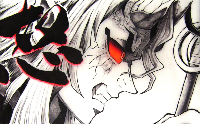 1boy angry clenched_teeth colored_sclera commentary cracked_skin demon_boy demon_horns fang highres hitomisaba holding holding_staff horns kimetsu_no_yaiba looking_away male_focus monochrome photo_(medium) portrait profile red_eyes red_sclera red_theme sekido_(kimetsu_no_yaiba) simple_background solo spot_color staff teeth text_in_eyes traditional_media