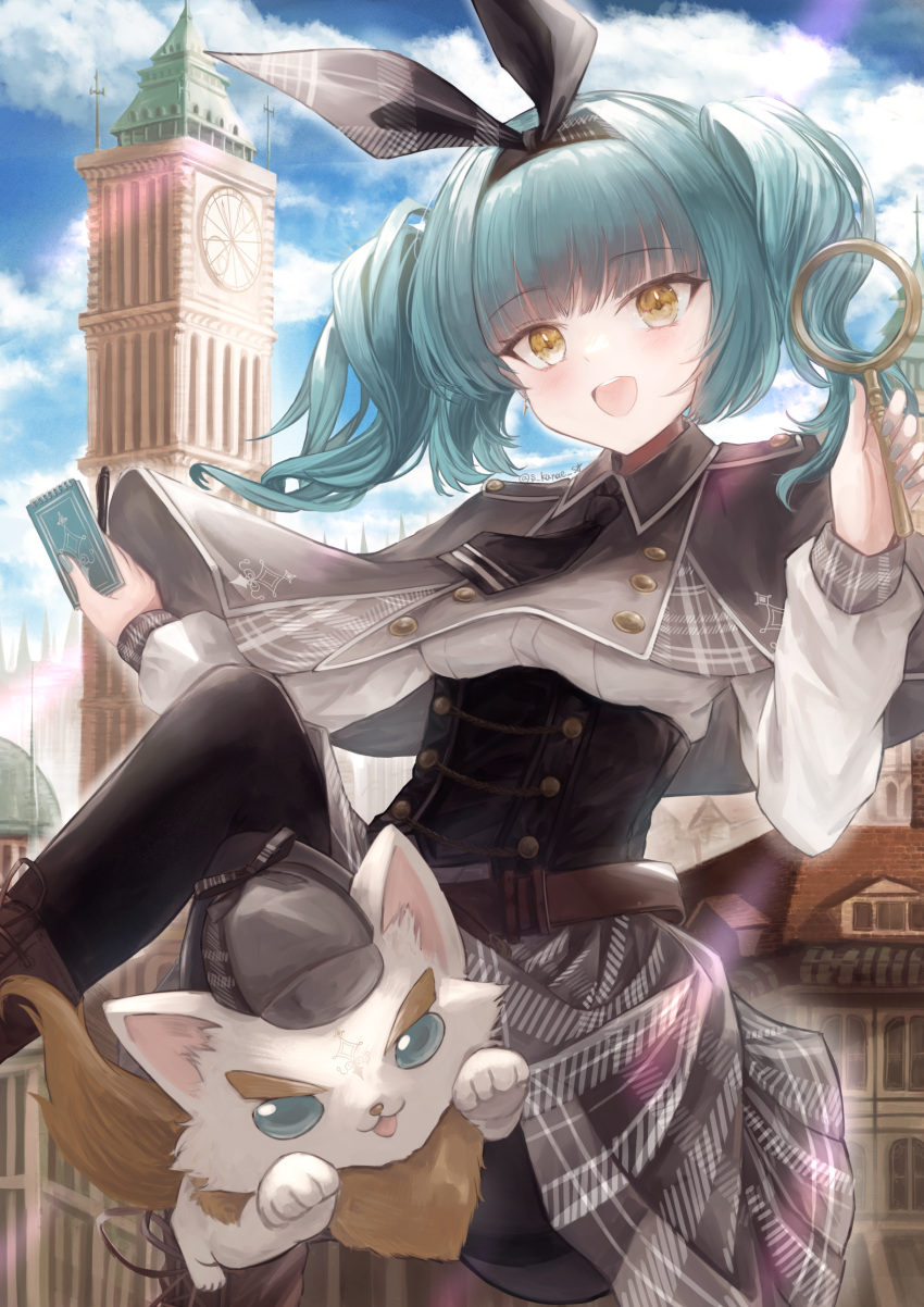 1girl absurdres black_hairband black_necktie black_pantyhose blue_hair blush bow_hairband capelet clock clock_tower corset detective ema_christie hairband highres holding holding_magnifying_glass indie_virtual_youtuber long_sleeves looking_at_viewer magnifying_glass necktie open_mouth pantyhose siruru0503 solo teeth thighband_pantyhose tower twintails underbust upper_teeth_only virtual_youtuber white_sleeves yellow_eyes