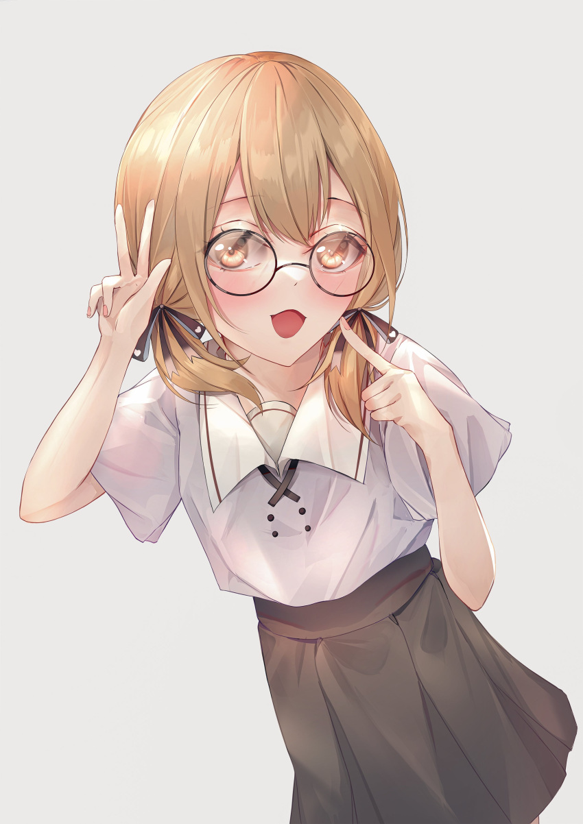 1girl absurdres azusawa_kohane blush brown_eyes brown_hair brown_ribbon buttons collared_shirt commentary cowboy_shot double-breasted double-parted_bangs fingernails glasses grey_ribbon grey_skirt hair_over_shoulder heart heart_print highres index_finger_raised light_brown_hair looking_at_viewer low_twintails medium_hair nail_polish neck_ribbon open_mouth pleated_skirt print_ribbon project_sekai ribbon round_eyewear samuine8 shirt short_sleeves simple_background skirt twintails v white_background