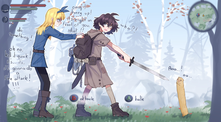 2girls absurdres alternate_costume backpack bag black_hair blind_girl_(popopoka) blonde_girl_(popopoka) blonde_hair blue_hairband blush boots brown_footwear button_prompt cat_baguette_(popopoka) english_text forest from_side frying_pan gameplay_mechanics hairband health_bar highres holding holding_sword holding_weapon knee_boots long_hair long_sleeves multiple_girls nature original popopoka pouch shoes short_sleeves sweat sword tree trembling weapon