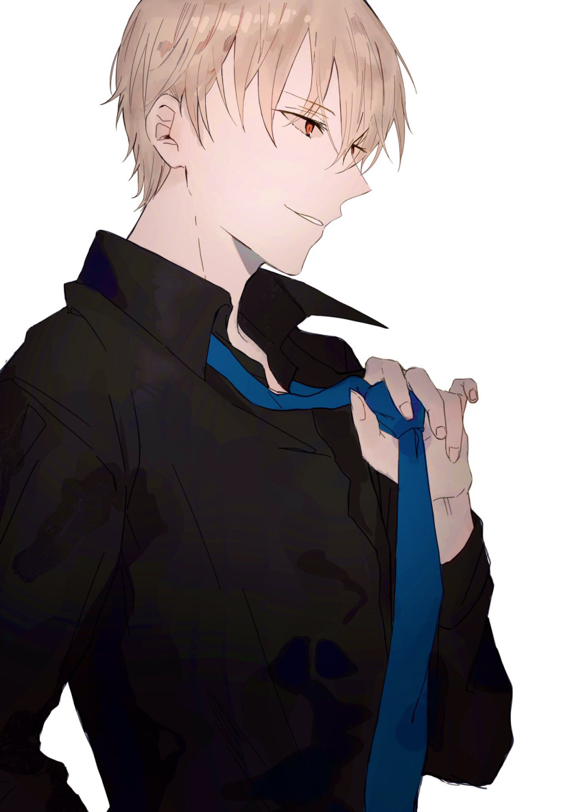 1boy adjusting_clothes adjusting_necktie black_shirt blonde_hair blue_necktie collared_shirt commentary_request fate/grand_order fate_(series) fingernails gilgamesh_(fate) highres long_sleeves male_focus necktie red_eyes shirt short_hair shu_(oshigoto_boshuuchuu) simple_background solo upper_body white_background