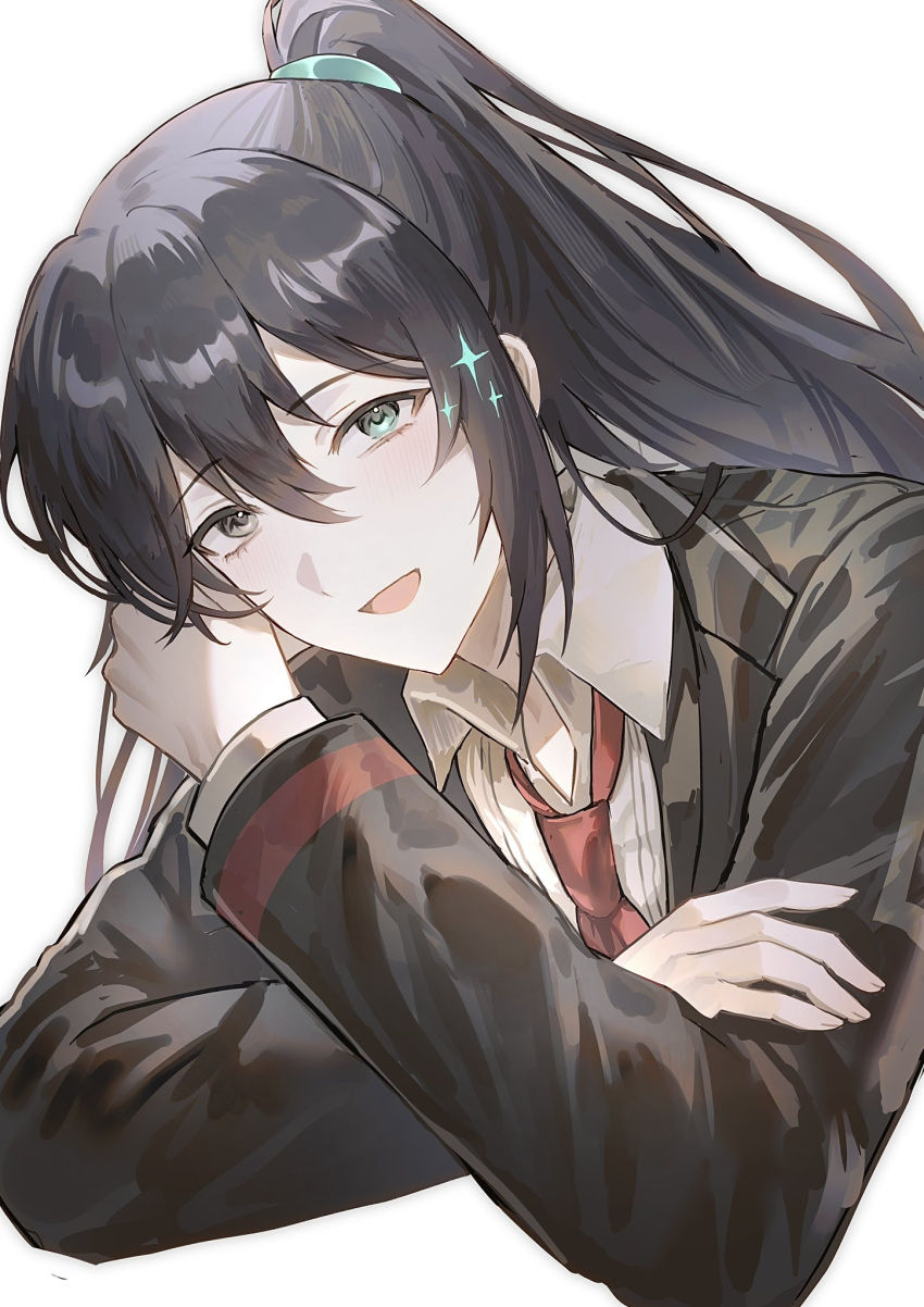 1boy :d aqua_eyes black_eyes black_hair black_jacket blush bonno_sasu collared_shirt crossed_arms hair_between_eyes hand_on_own_cheek hand_on_own_face head_tilt heterochromia high_ponytail highres hong_lu_(limbus_company) jacket limbus_company long_hair long_sleeves looking_at_viewer male_focus necktie open_mouth ponytail project_moon red_necktie shirt sidelocks simple_background smile solo sparkle upper_body white_background white_shirt