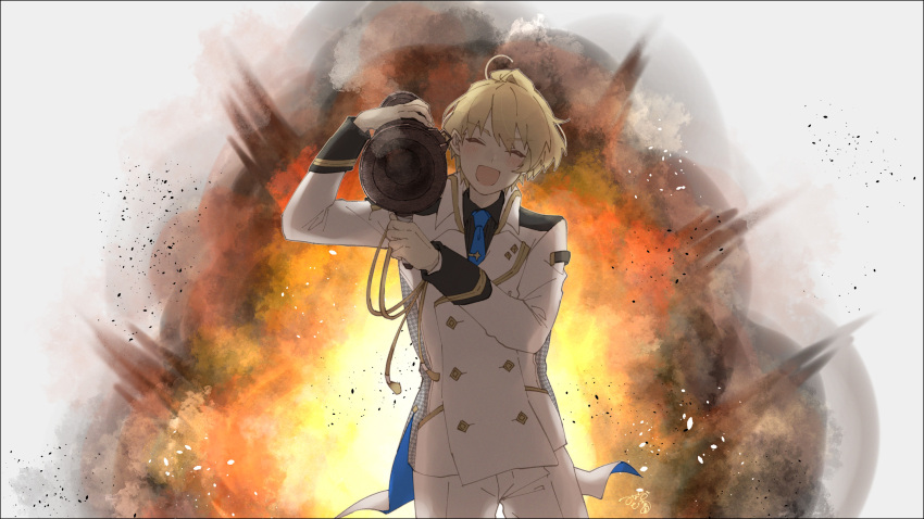 1boy :d ^_^ aiguillette aiming_at_viewer black_shirt blonde_hair blue_necktie buttons closed_eyes collared_jacket collared_shirt cowboy_shot diamond_button double-breasted dust explosion facing_viewer gold_trim hair_between_eyes head_tilt highres holding holding_rocket_launcher holding_weapon holostars jacket kishido_temma male_focus minakami_hiro necktie over_shoulder pants rocket_launcher shirt short_hair sleeve_cuffs smile solo straight-on tailcoat tie_clip two-sided_fabric virtual_youtuber weapon weapon_over_shoulder white_background white_jacket white_pants