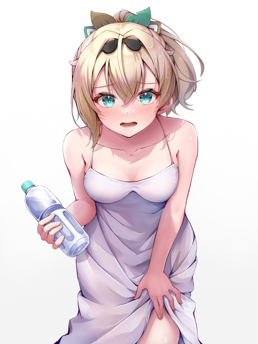 1girl absurdres blonde_hair blue_eyes blush bottle breasts crossed_bangs dress hair_between_eyes highres holding holding_bottle hololive ist_lei_mikan kazama_iroha leaning_forward looking_at_viewer medium_breasts open_mouth ponytail simple_background solo sundress virtual_youtuber water_bottle white_background white_dress