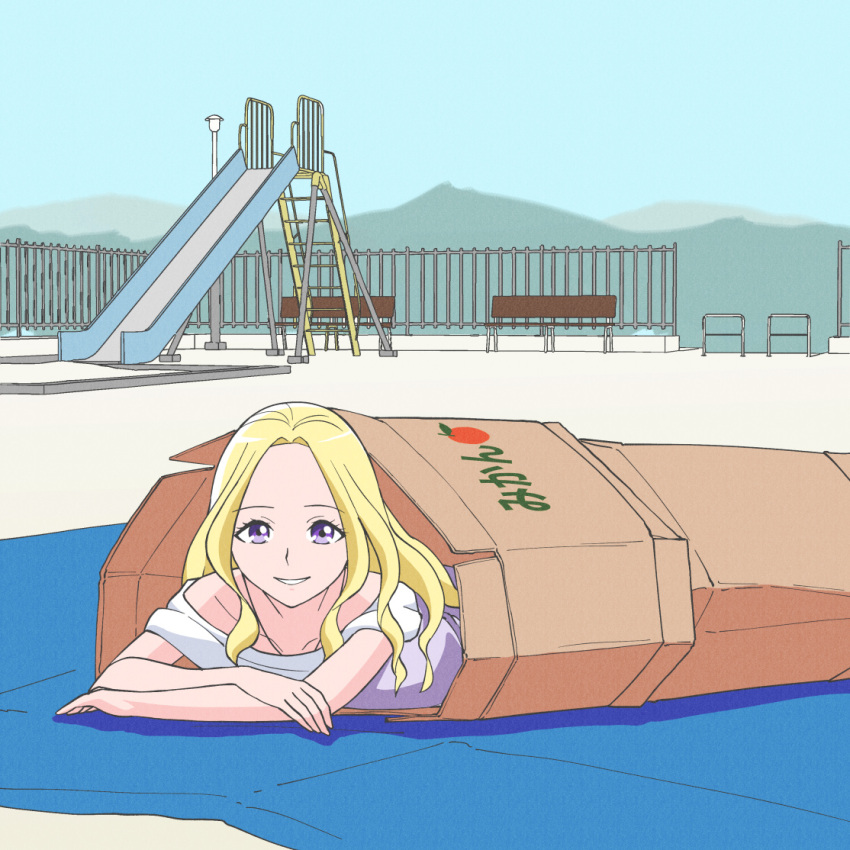 1girl bench blonde_hair box byackopath_(artist) cardboard_box commentary day fuurin_asumi healin'_good_precure homeless in_box in_container long_hair looking_at_viewer outdoors precure slide smile solo tarpaulin violet_eyes