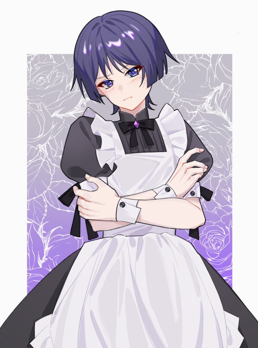 1boy alternate_costume apron black_bow black_bowtie black_dress black_ribbon blunt_ends border bow bowtie buttons closed_mouth crossdressing crossed_arms dress enmaided eyeshadow fingernails floral_background flower genshin_impact gradient_background grey_background heimi_(himi) highres looking_at_viewer maid makeup male_focus mandarin_collar no_headwear outside_border puffy_short_sleeves puffy_sleeves purple_background purple_hair red_eyeshadow ribbon rose scaramouche_(genshin_impact) short_hair short_sleeves solo standing v-shaped_eyebrows violet_eyes white_apron white_border wrist_cuffs
