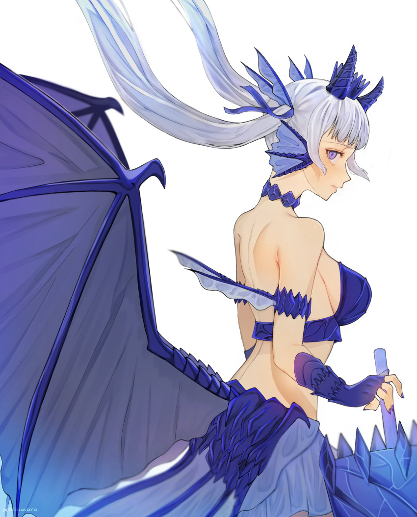 1girl armor back bikini_armor black_clover blue_choker choker closed_mouth crown dragon_horns dragon_wings fins grey_hair head_fins highres holding holding_polearm holding_weapon horns long_hair looking_at_viewer low_twintails noelle_silva polearm rizaavana simple_background slit_pupils solo twintails valkyrie violet_eyes weapon white_background wings