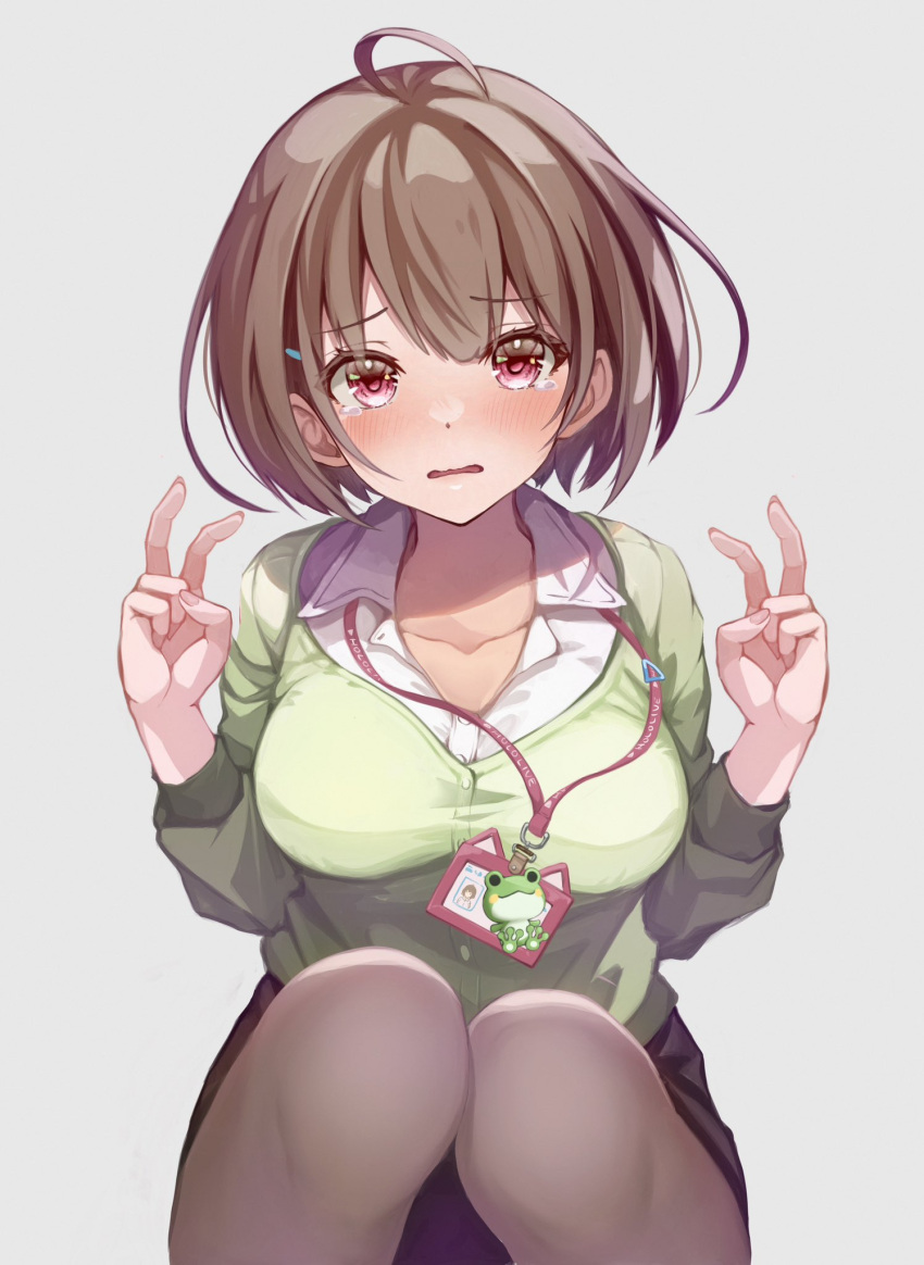 1girl ahoge black_pantyhose black_skirt blush breasts brown_hair cardigan collarbone collared_shirt commentary double_v facing_viewer feet_out_of_frame frog furrowed_brow green_cardigan grey_background hair_ornament hairclip harusaki_nodoka highres hololive id_card ist_lei_mikan lanyard medium_breasts miniskirt pantyhose parted_lips shirt shirt_tucked_in short_hair simple_background skirt solo squatting tearing_up tears v violet_eyes virtual_youtuber white_shirt wing_collar