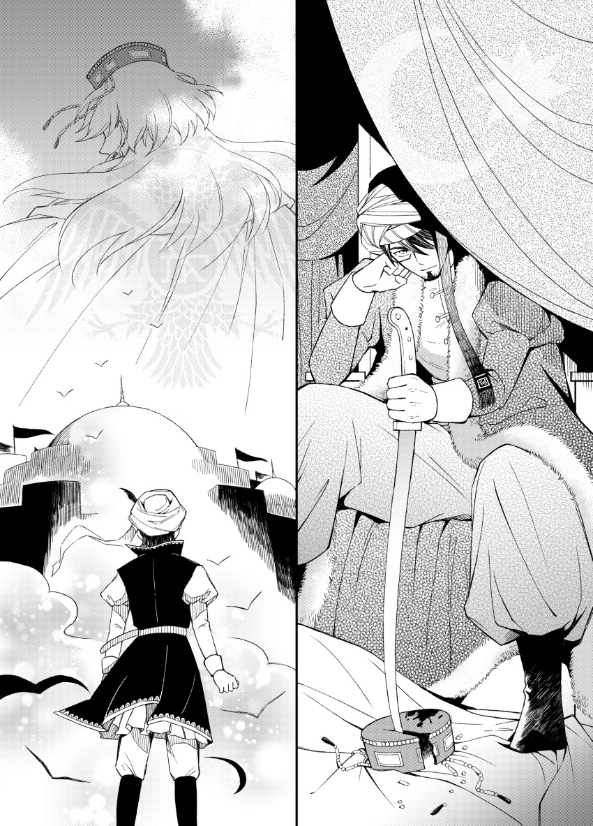 2boys age_progression belt blood blood_on_clothes boots broken_crown building byzantine_empire cloak closed_mouth coat constantine_xi_(fate) crescent crown curtains earrings expressionless facial_hair facing_away fate/grand_order fate_(series) feet_out_of_frame flag from_behind full_body fur-trimmed_coat fur_trim glasses greyscale hat_feather head_rest highres holding holding_sword holding_weapon jewelry juliet_sleeves long_coat long_hair long_sleeves looking_at_viewer male_focus mehmed_ii_(fate) miyuyoko monochrome multiple_boys open_clothes open_coat ottoman_empire planted planted_sword puffy_pants puffy_sleeves shirt short_hair sitting split_screen standing stubble sword throne tunic turban weapon