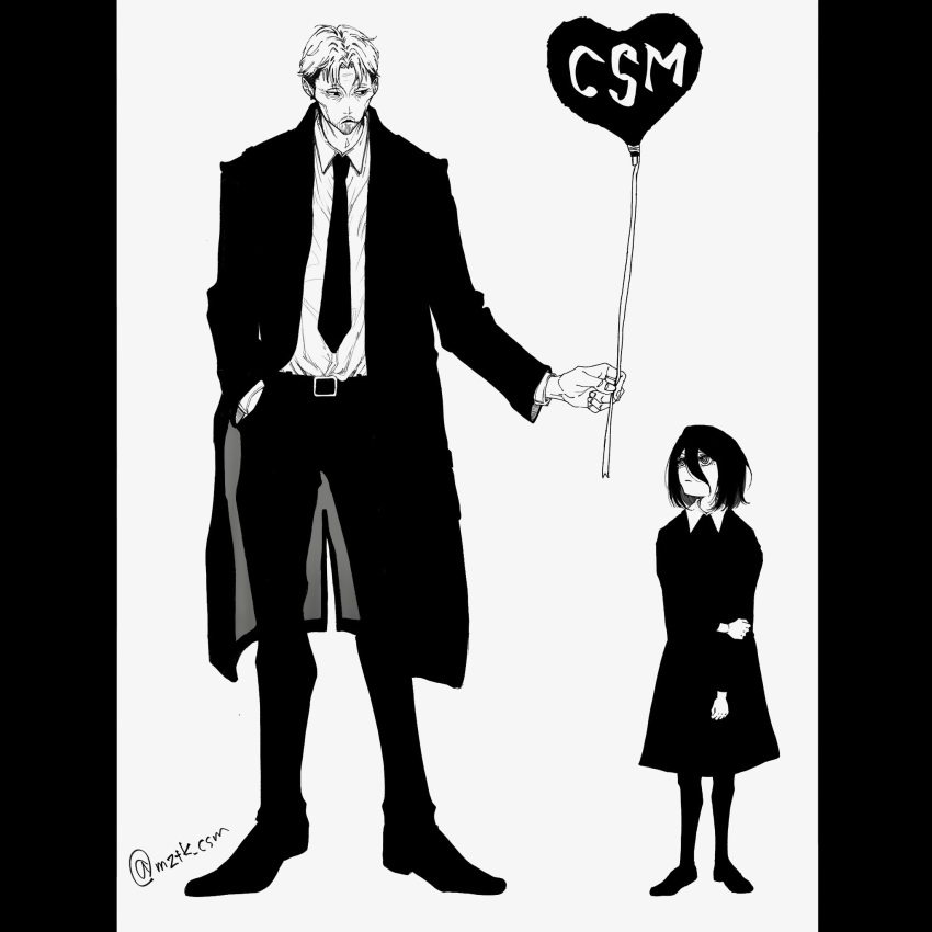 1boy 1girl age_difference balloon chainsaw_man coat full_body greyscale hair_between_eyes hand_in_pocket highres holding holding_balloon holding_own_arm kishibe_(chainsaw_man) looking_at_another mature_male monochrome mztk_csm nayuta_(chainsaw_man) necktie pillarboxed ringed_eyes twitter_username