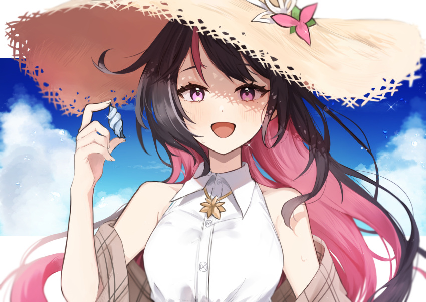 1girl :d absurdres azki_(hololive) bare_shoulders black_hair blue_sky blush buttons clouds collared_shirt colored_inner_hair hand_up hat highres holding holding_shell hololive jewelry long_hair looking_at_viewer mashiro_io multicolored_hair necklace open_mouth outdoors pink_eyes pink_hair shell shirt sky sleeveless sleeveless_shirt smile solo straw_hat streaked_hair two-tone_hair virtual_youtuber white_shirt