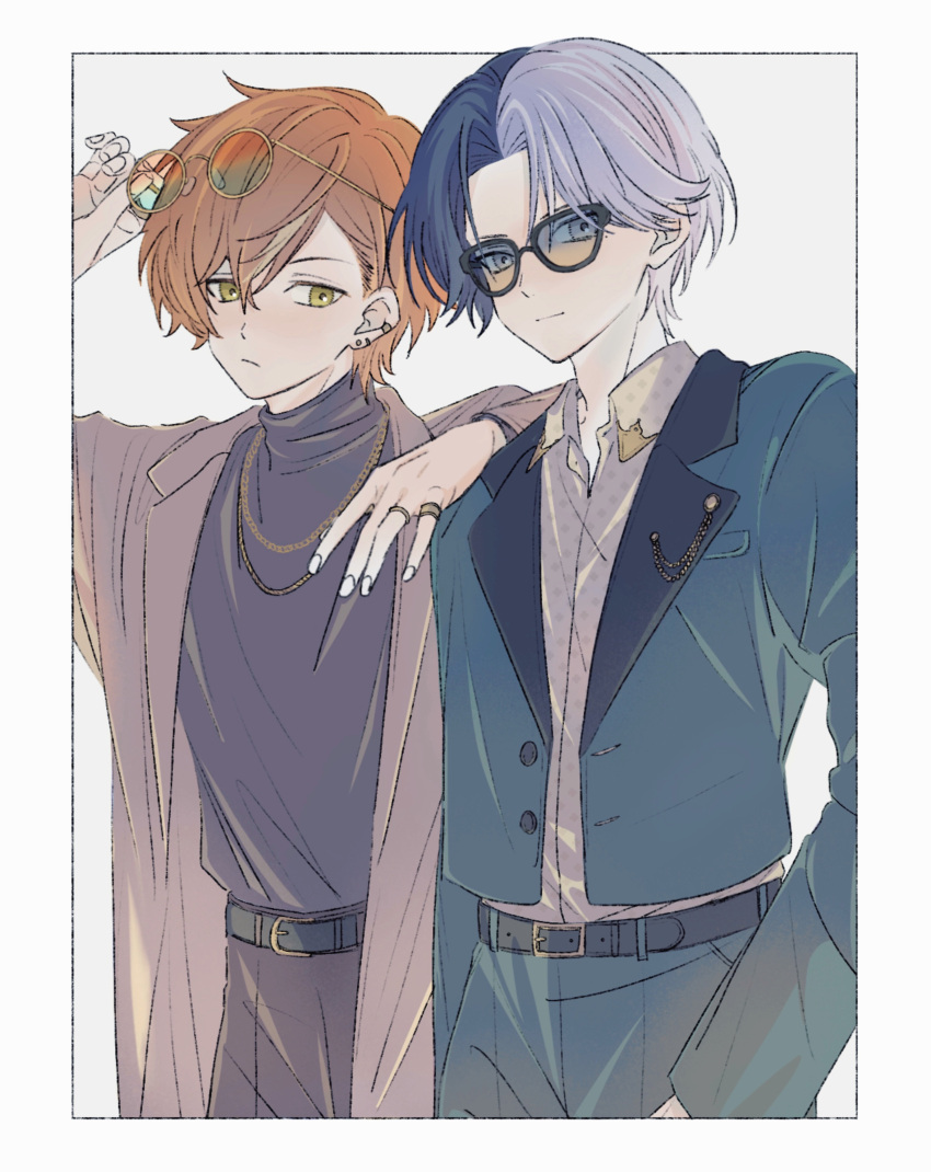 2boys absurdres adjusting_eyewear aoyagi_touya arm_on_shoulder belt black_belt blonde_hair blue_hair border buttons closed_mouth collared_shirt colorful_festival_(project_sekai) commentary cowboy_shot dark_blue_hair earrings fingernails green_eyes grey_eyes highres jacket jewelry lapels llli_illli_illl long_sleeves looking_at_viewer male_focus mole mole_under_eye multicolored_hair multiple_boys open_clothes open_jacket orange_hair project_sekai ring shinonome_akito shirt sideways_glance split-color_hair streaked_hair symbol-only_commentary turtleneck two-tone_hair white_border