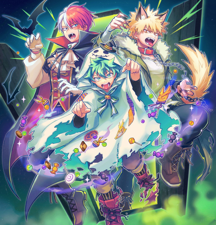 3boys all_might animal_collar animal_ear_fluff animal_ears ascot bakugou_katsuki bandaged_arm bandages bat_(animal) black_cape black_pants black_ribbon black_vest blonde_hair blue_eyes boku_no_hero_academia boots broken broken_chain brooch brown_footwear brown_pants burn_scar buttons candy cape chain checkerboard_cookie claw_pose cloak coffin collar collared_cape commentary cookie cross-laced_footwear double-breasted fangs fingernails food freckles fur-trimmed_jacket fur_trim gem ghost_costume gloves gold_trim green_eyes green_gemstone green_hair green_jacket grey_eyes hair_between_eyes halloween halloween_costume hand_up heterochromia highres hood hood_up hooded_cloak jacket jewelry lace-up_boots lapels lollipop long_fingernails long_sleeves looking_at_viewer male_focus mecyo_(mamezurushiki) midoriya_izuku multicolored_clothes multicolored_hair multiple_boys open_clothes open_jacket open_mouth pants patch popped_collar purple_footwear red_cape red_collar red_eyes red_vest redhead ribbon scar scar_on_face sharp_fingernails shirt short_hair sparkle spiky_hair split-color_hair striped striped_ribbon swirl_lollipop symbol-only_commentary tail teeth todoroki_shouto tongue tongue_out torn_clothes torn_shirt two-sided_cape two-sided_fabric two-tone_hair v-shaped_eyebrows vampire vampire_costume vest werewolf_costume white_ascot white_cloak white_gloves white_hair white_shirt wolf_boy wolf_ears wolf_tail