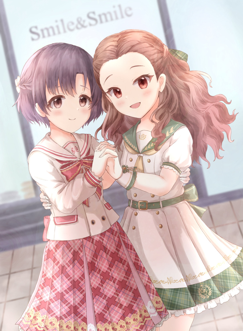 2girls absurdres belt black_hair blush bow bowtie braid breasts brown_eyes brown_hair closed_mouth cowboy_shot curly_hair dot_nose dress forehead frilled_dress frills green_belt green_ribbon green_sailor_collar green_sash hair_ribbon hand_on_another's_hip highres holding_hands idolmaster idolmaster_cinderella_girls idolmaster_cinderella_girls_starlight_stage interlocked_fingers jacket long_hair long_sleeves looking_at_viewer medium_breasts multiple_girls neckerchief open_mouth plaid plaid_ribbon plaid_skirt pleated_skirt red_bow red_bowtie red_eyes red_ribbon red_skirt ribbon sailor_collar sash seki_hiromi shiragiku_hotaru short_hair short_sleeves skirt smile tile_floor tiles wavy_hair white_dress white_jacket white_ribbon white_sailor_collar white_wristband window yellow_neckerchief yuonagi