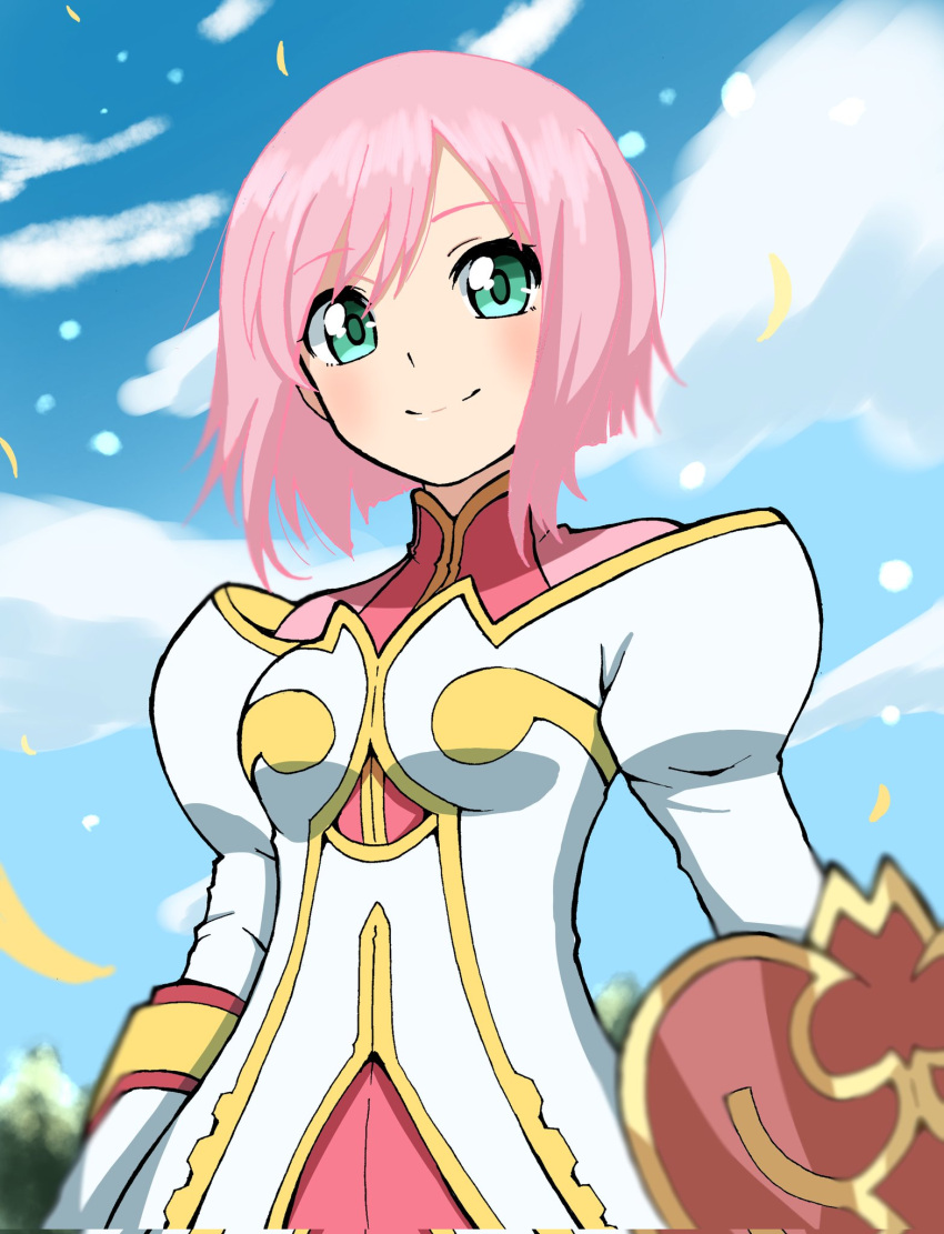1girl blue_sky bob_cut clouds commentary dress emapippi estellise_sidos_heurassein green_eyes highres holding holding_shield juliet_sleeves layered_dress long_sleeves pink_dress pink_hair puffy_sleeves shield short_hair sky smile solo tales_of_(series) upper_body white_dress